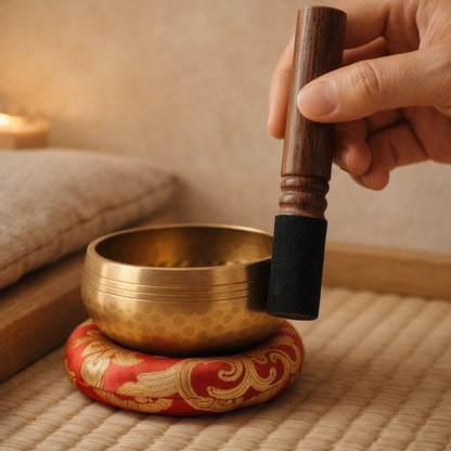 A hand drawing the suede-headed mallet slowly around the outside of the bowl's rim to make it ring