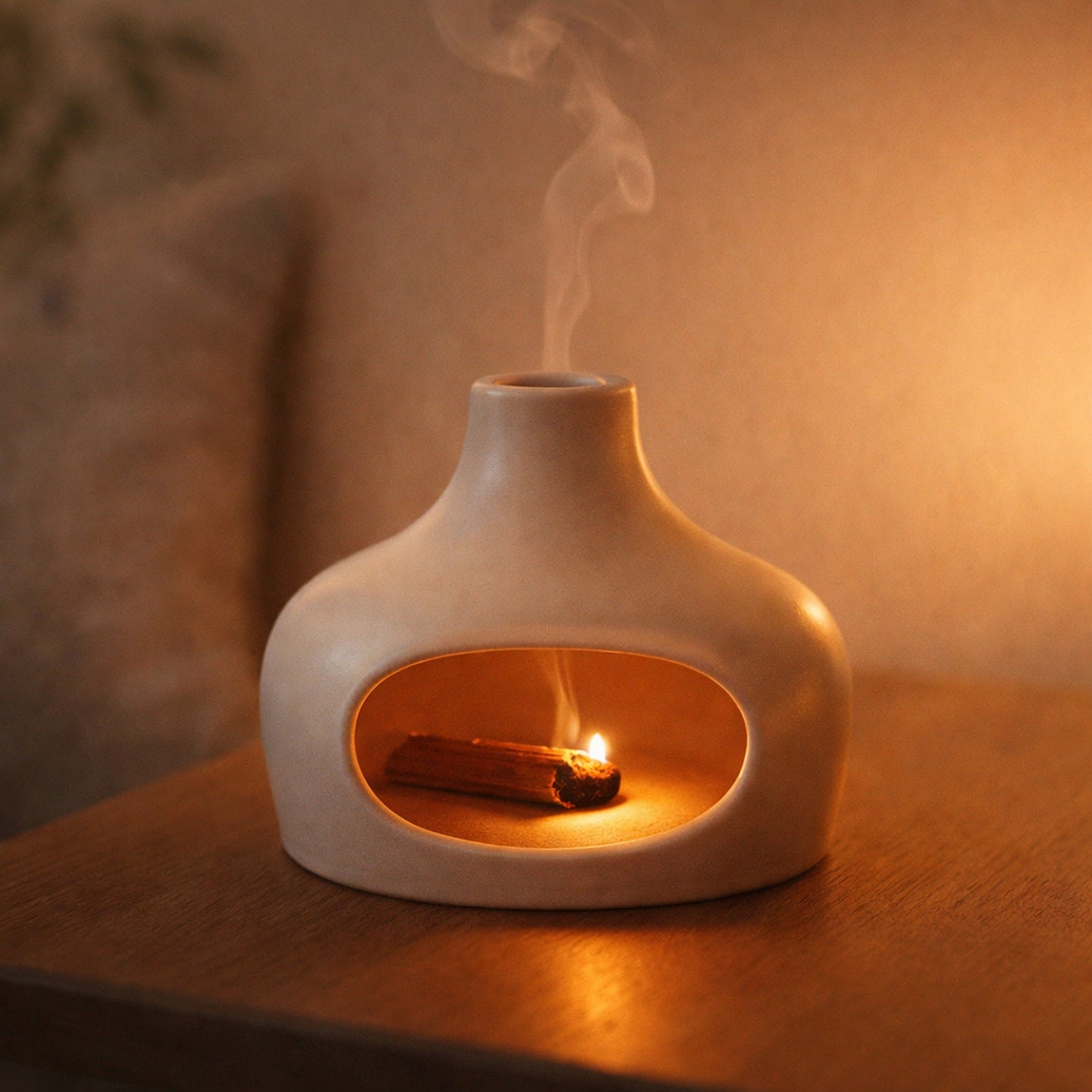 Lit palo santo stick inside the Cinder burner with smoke rising through the chimney