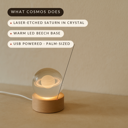 What Cosmos does — laser-etched Saturn, warm LED base, USB powered