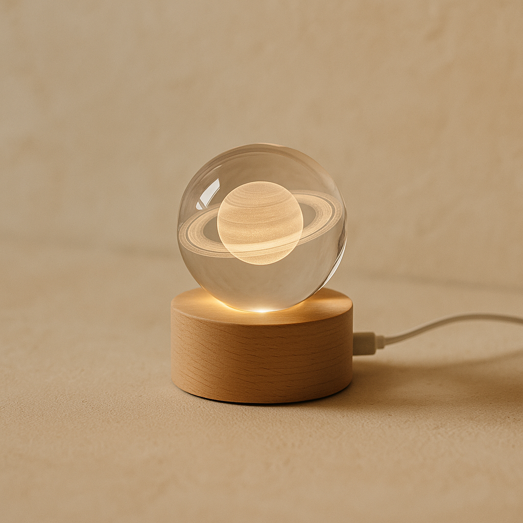 Cosmos crystal night light with etched Saturn — hero