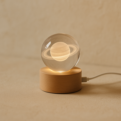 Cosmos crystal night light with etched Saturn — hero