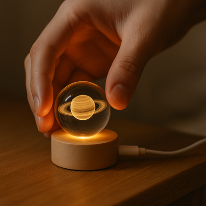 Hand placing the palm-sized Cosmos sphere onto its beech base