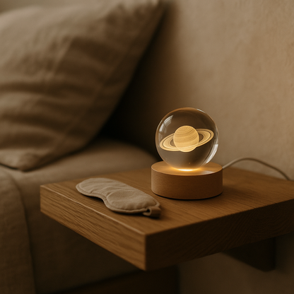 Cosmos night light glowing on a floating oak nightstand