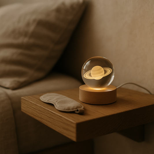 Cosmos night light glowing on a floating oak nightstand