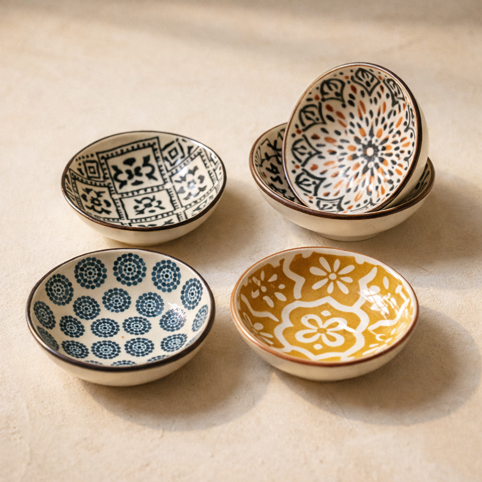 Cove Trinket Dish set of four small hand-glazed ceramic mandala dishes on warm cream plaster