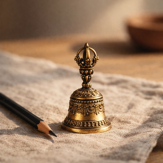 The small bronze bell on a pale stone slab over oatmeal linen in raking afternoon sun, beside a pencil that shows how tiny it is