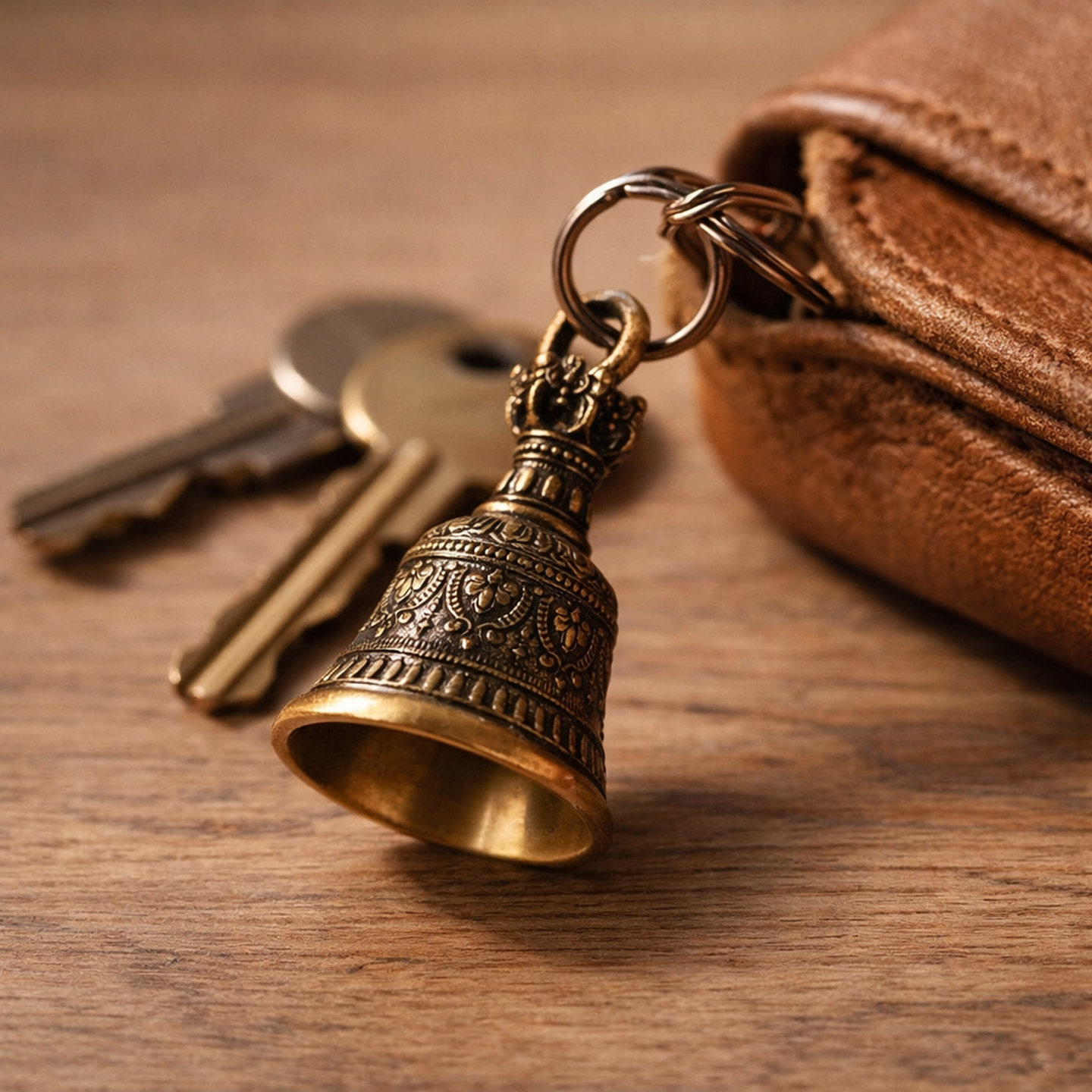 The bronze bell hanging from a split ring on a set of house keys on a warm oak table beside a tan leather bag strap