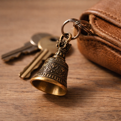 The bronze bell hanging from a split ring on a set of house keys on a warm oak table beside a tan leather bag strap