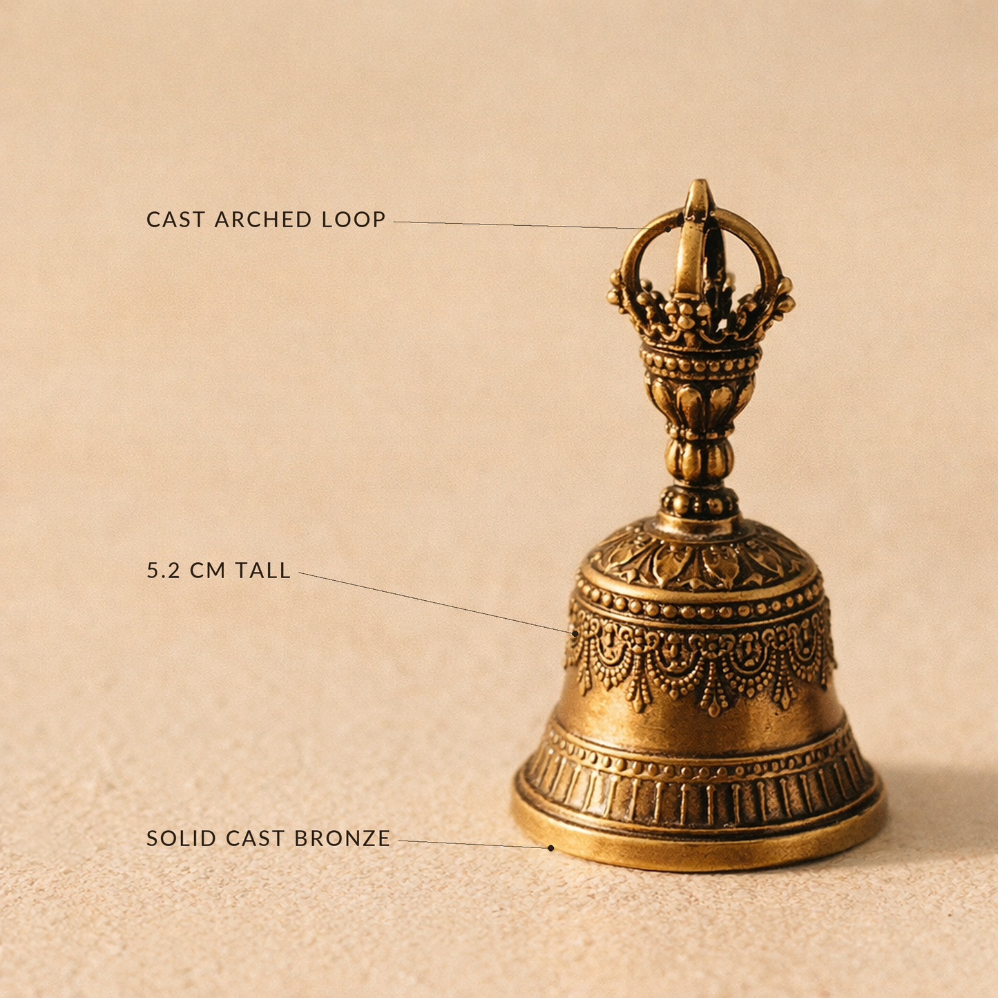 Labelled detail of the bronze bell: cast arched loop, 5.2 cm tall, solid cast bronze