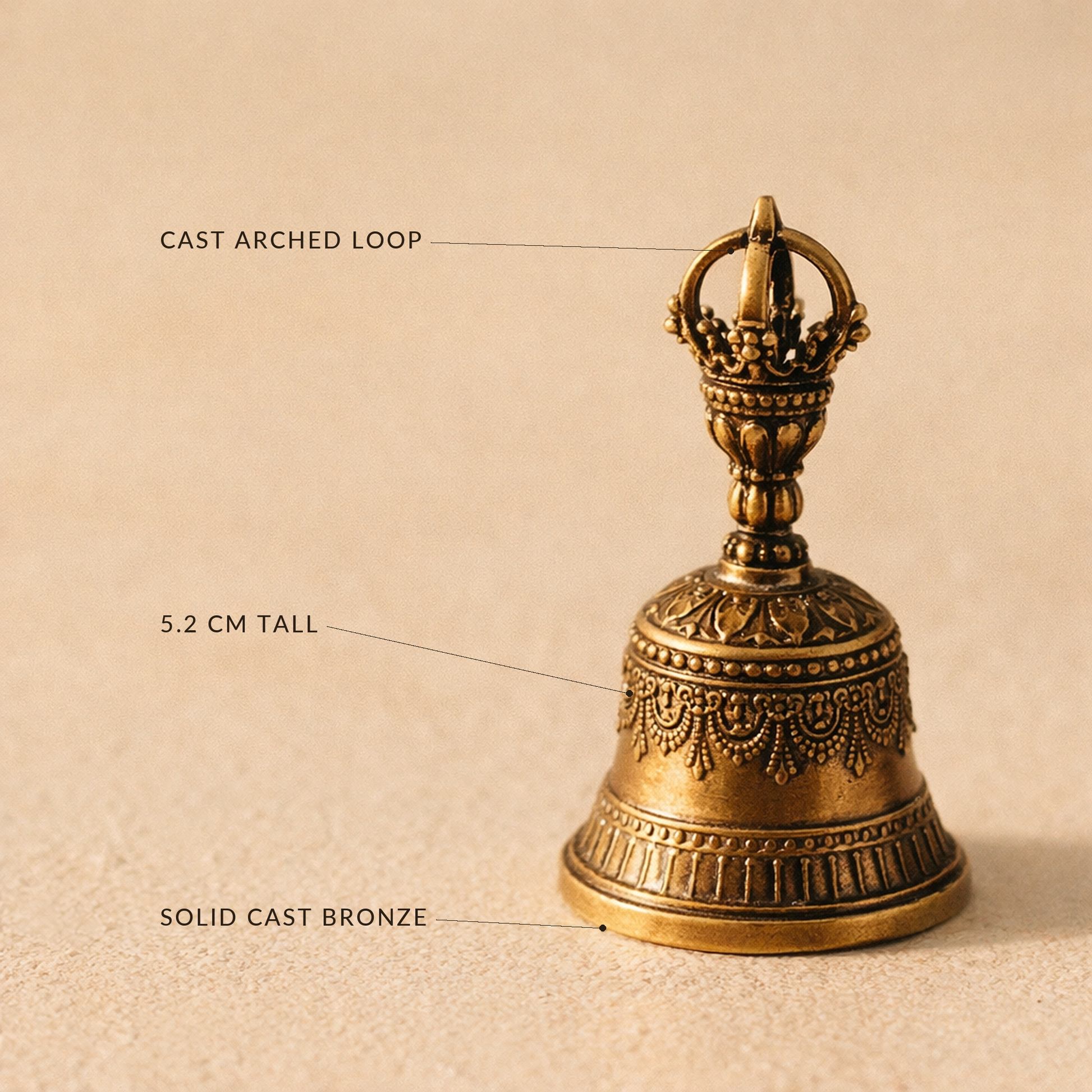 Labelled detail of the bronze bell: cast arched loop, 5.2 cm tall, solid cast bronze