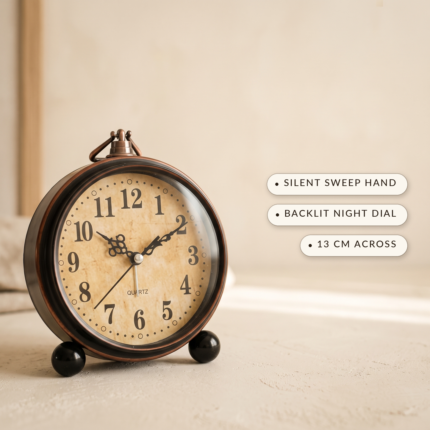Patina clock with labels: silent sweep hand, backlit night dial, 13 cm across