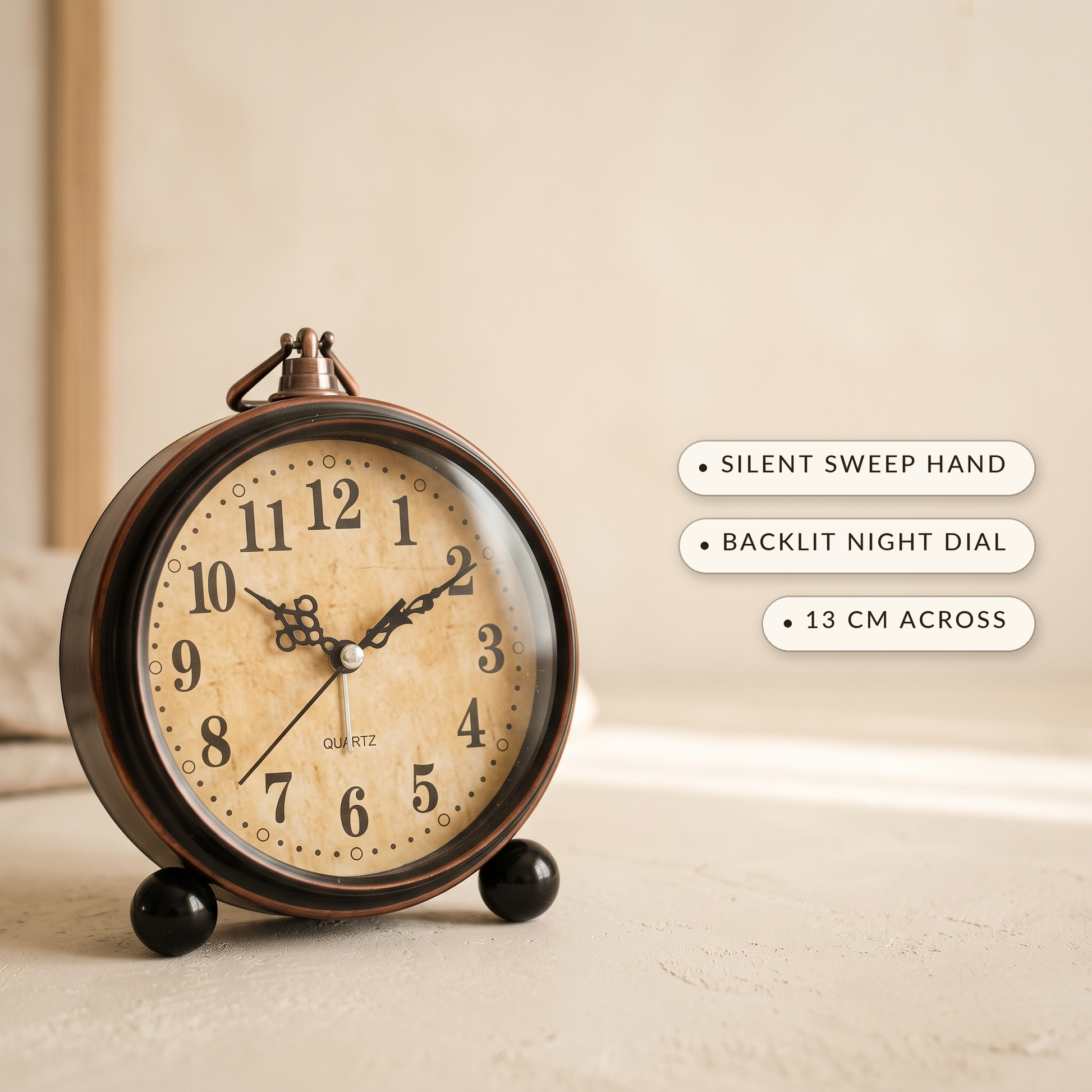 Patina clock with labels: silent sweep hand, backlit night dial, 13 cm across
