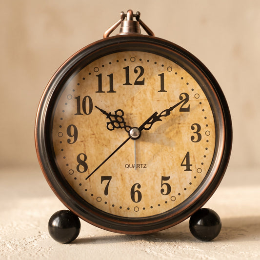 Patina aged-bronze bedside alarm clock on a warm cream plaster surface