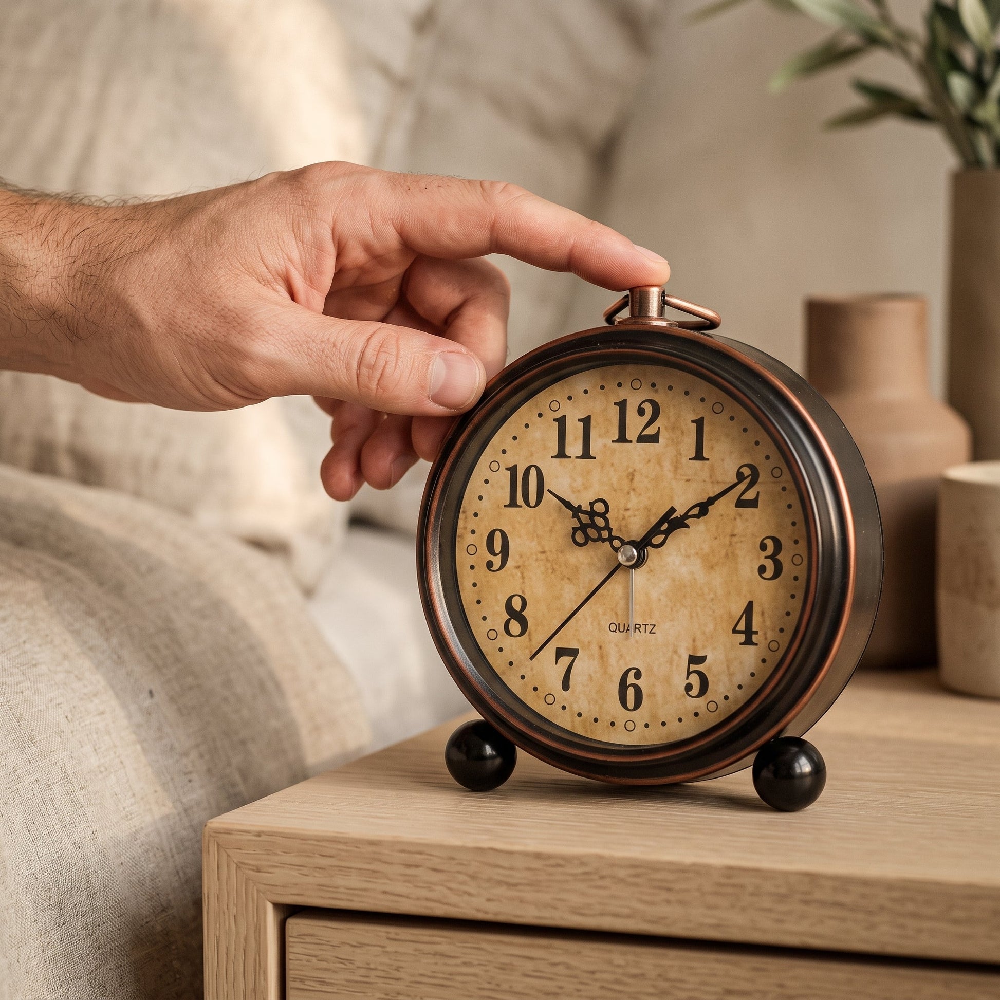 A hand reaching for the button on top of the Patina bedside clock
