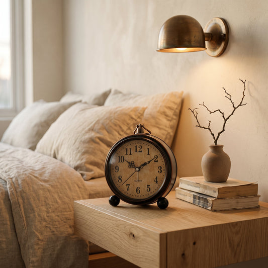 Patina alarm clock on an oak nightstand beside linen bedding and books