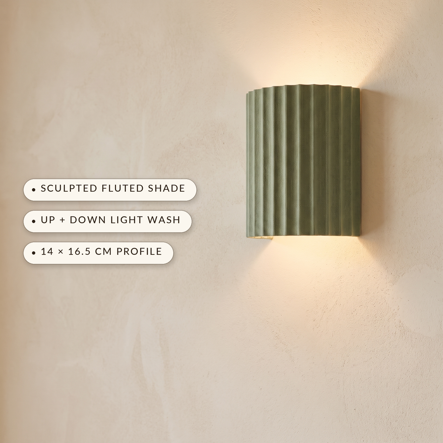 Flute sconce benefit callout: sculpted fluted shade, up and down light wash, 14 by 16.5 cm profile