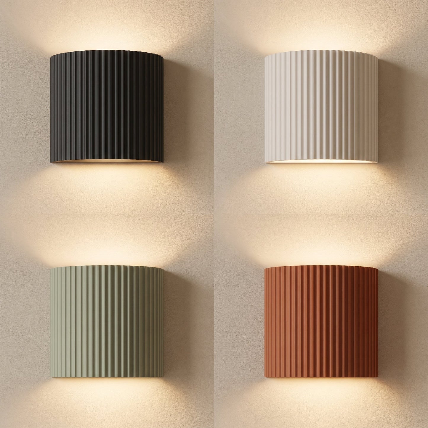 Flute fluted wall sconces in charcoal, white, sage and terracotta lit on warm cream plaster