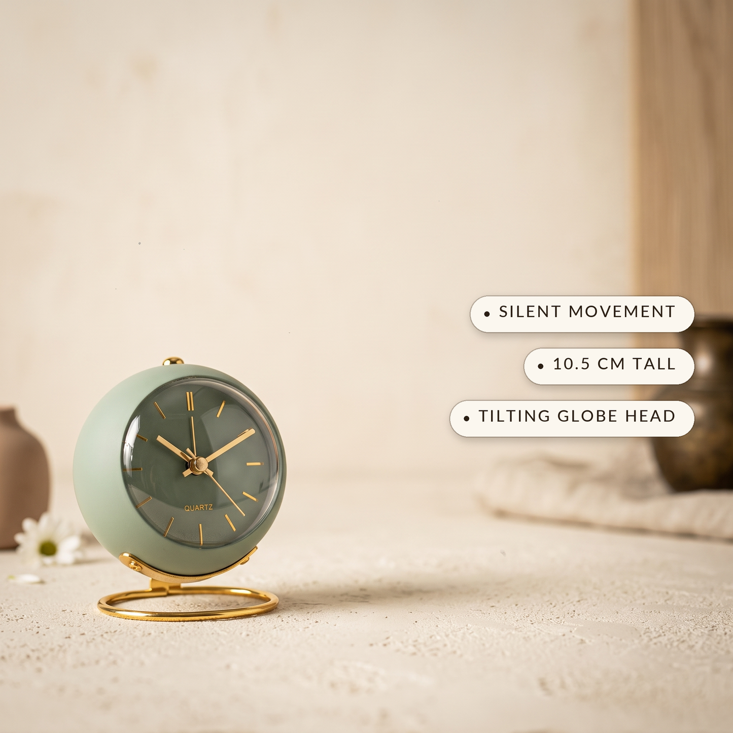 Globe clock with labels: silent movement, 10.5 cm tall, tilting globe head