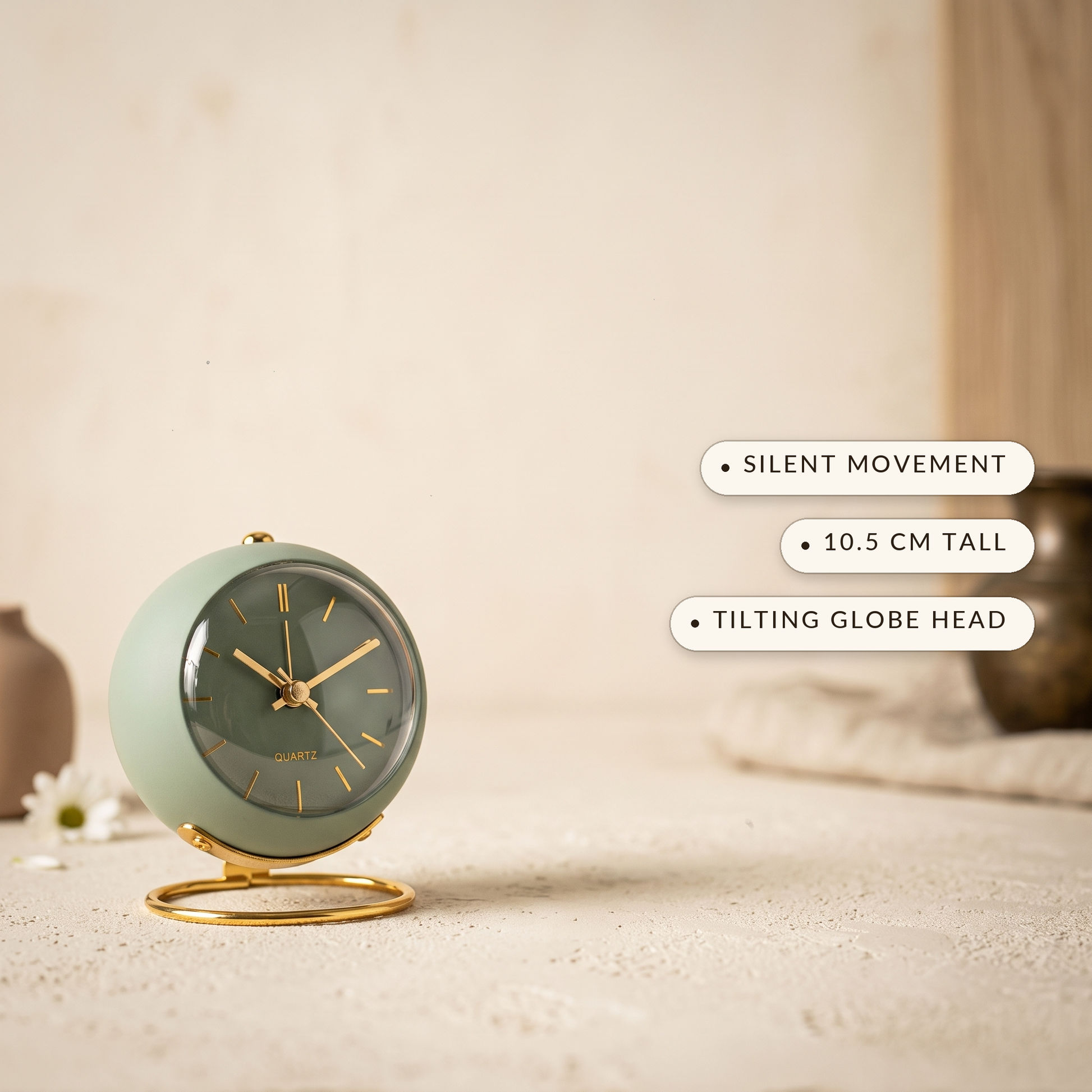 Globe clock with labels: silent movement, 10.5 cm tall, tilting globe head