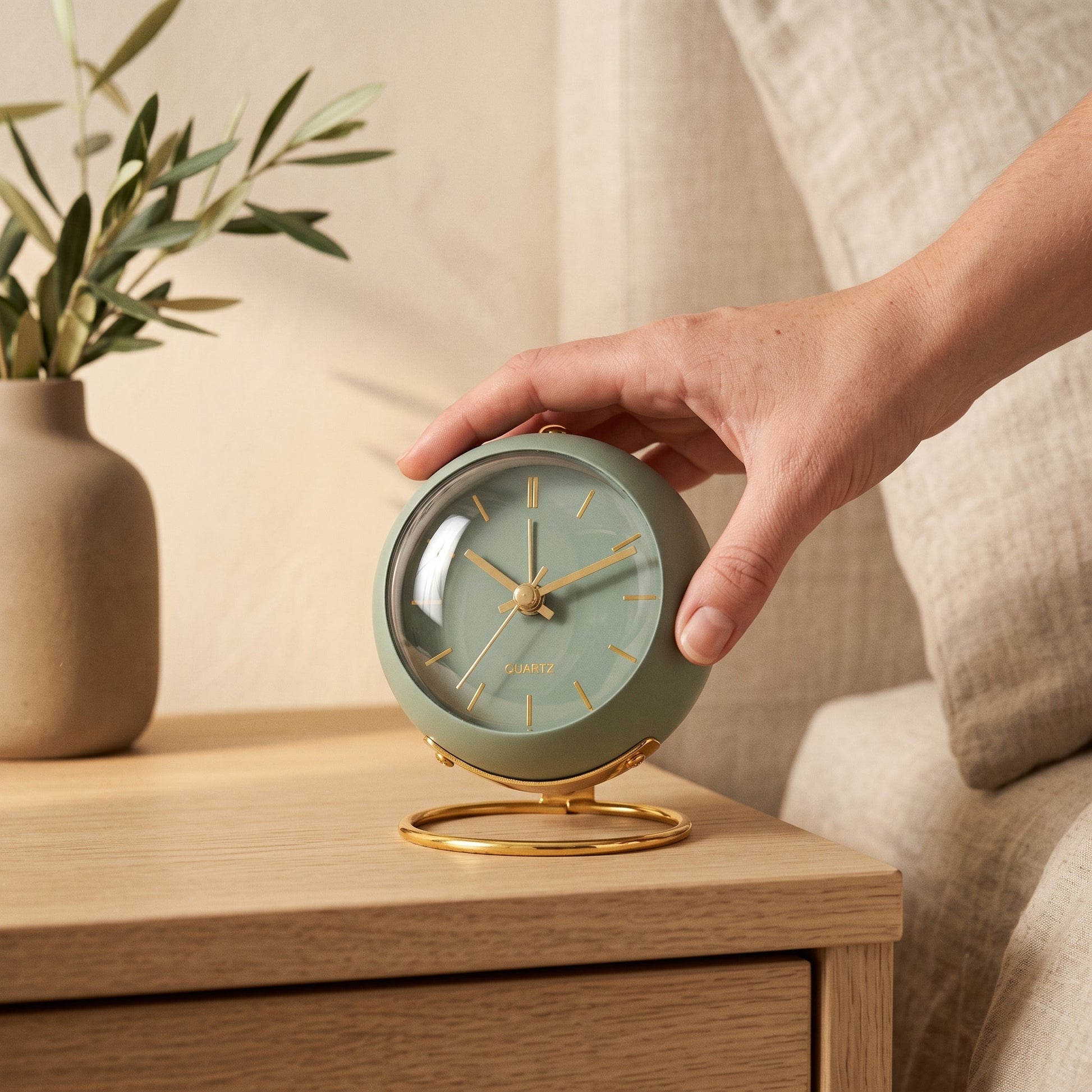 A hand tilting the Globe clock head in its brass ring stand