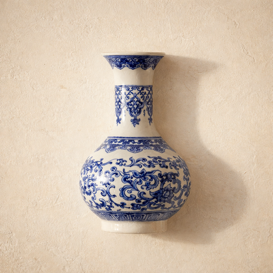 Indigo™ Porcelain Vase — blue and white flat-back wall vase on warm cream plaster