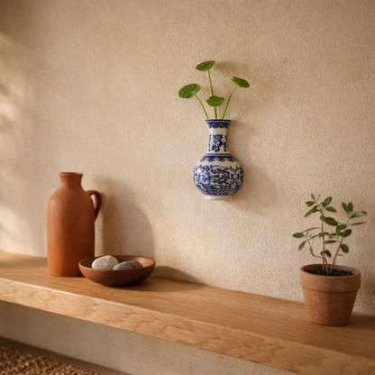 Indigo™ wall vase hung above a pale oak console with pennywort stems