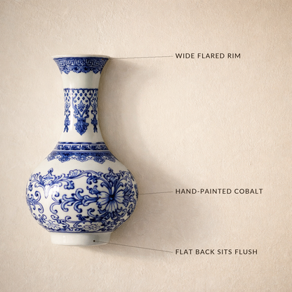 Indigo™ wall vase detail callouts: wide flared rim, cobalt-blue underglaze, flat back sits flush