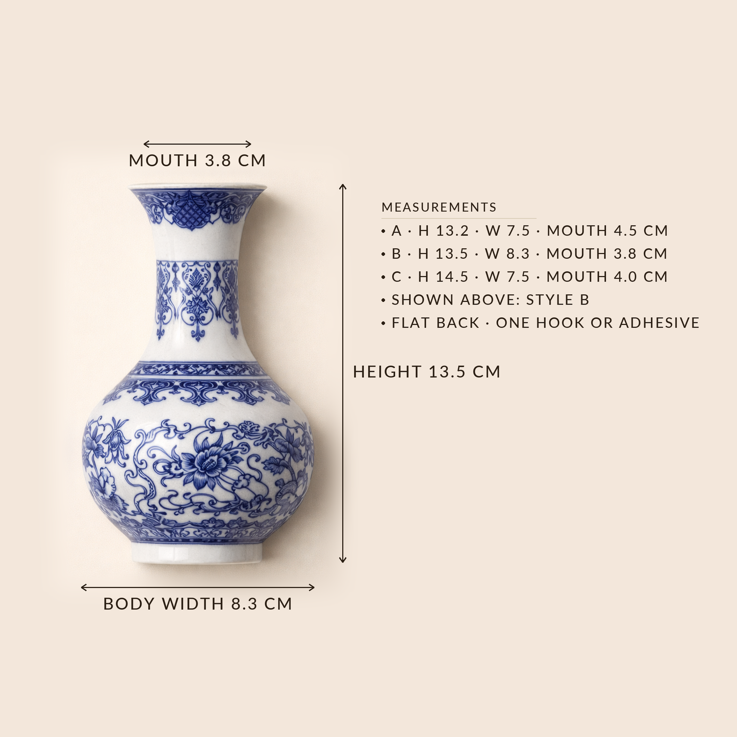Indigo™ wall vase dimensions in centimetres: height 13.5 cm, body width 8.3 cm, mouth 3.8 cm, with all three style sizes