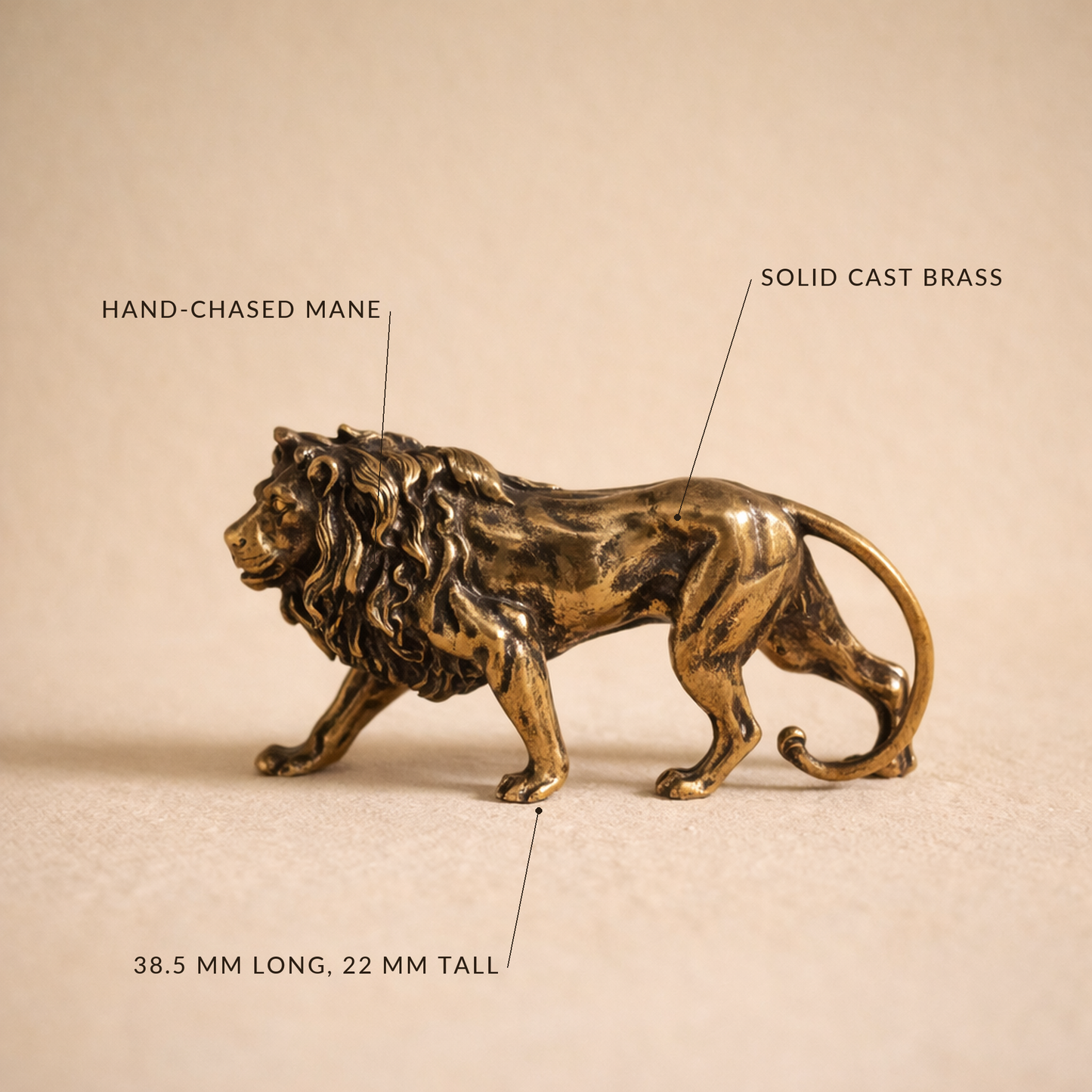 Leo™ Brass Lion detail callout — solid cast brass, antiqued mane, 38.5 mm long and 22 mm tall
