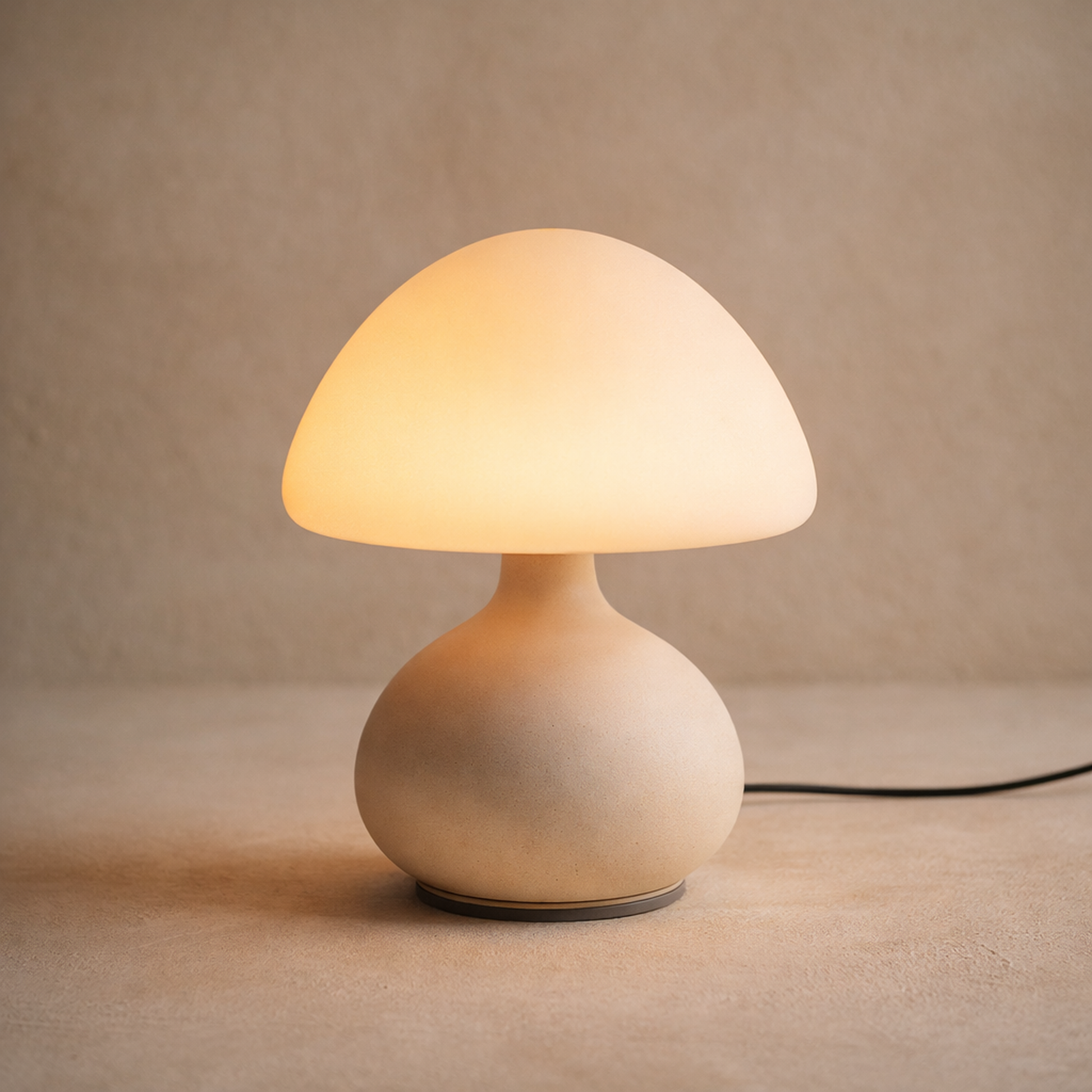 Morel™ Mushroom Lamp — opal glass dome on a matte cream gourd base, glowing warm on cream plaster