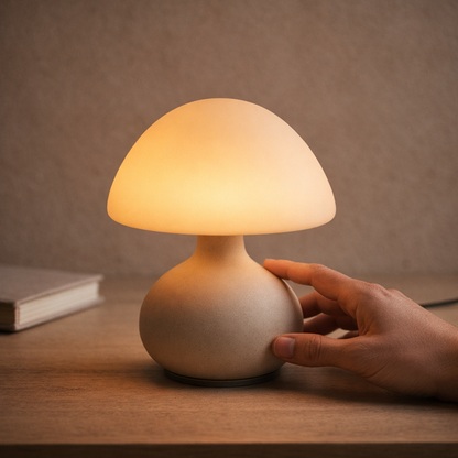 A hand adjusting the Morel™ Mushroom Lamp on a blonde oak desk at dusk, dome glowing warm amber