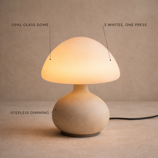 Morel™ Mushroom Lamp features — opal glass dome, three whites in one press, stepless dimming