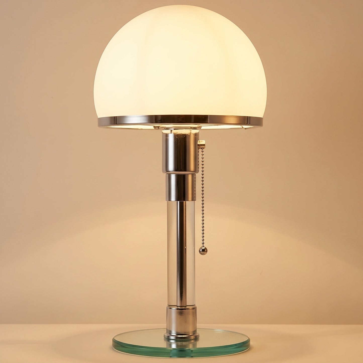 Opal™ Table Lamp — opal glass dome on a chrome column and tempered glass base