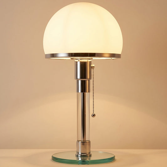 Opal™ Table Lamp — opal glass dome on a chrome column and tempered glass base