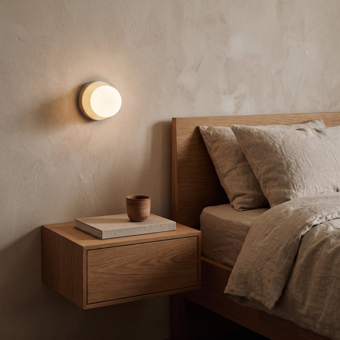 Cream Orb sconce glowing above a floating oak nightstand beside a linen bed