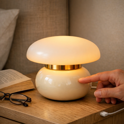 A hand switching on the Pillar Dome Lamp beside a paperback and reading glasses