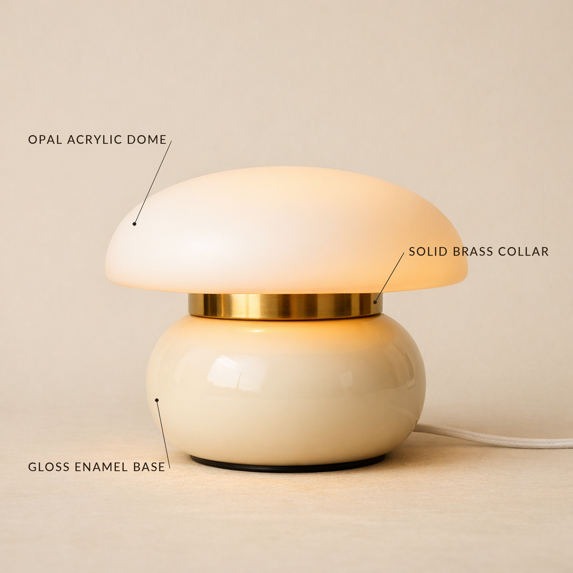 Pillar Dome Lamp labelled: opal acrylic dome, solid brass collar, gloss enamel base