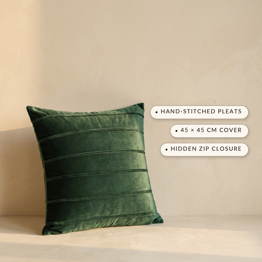Pleat cushion benefit callout: hand-stitched pleats, 45 by 45 cm cover, hidden zip closure
