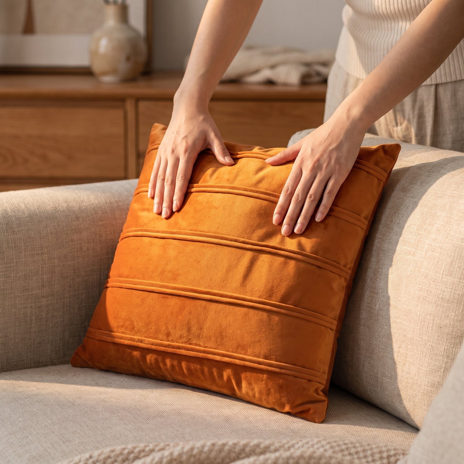 Hands plumping the amber Pleat velvet cushion on a linen sofa