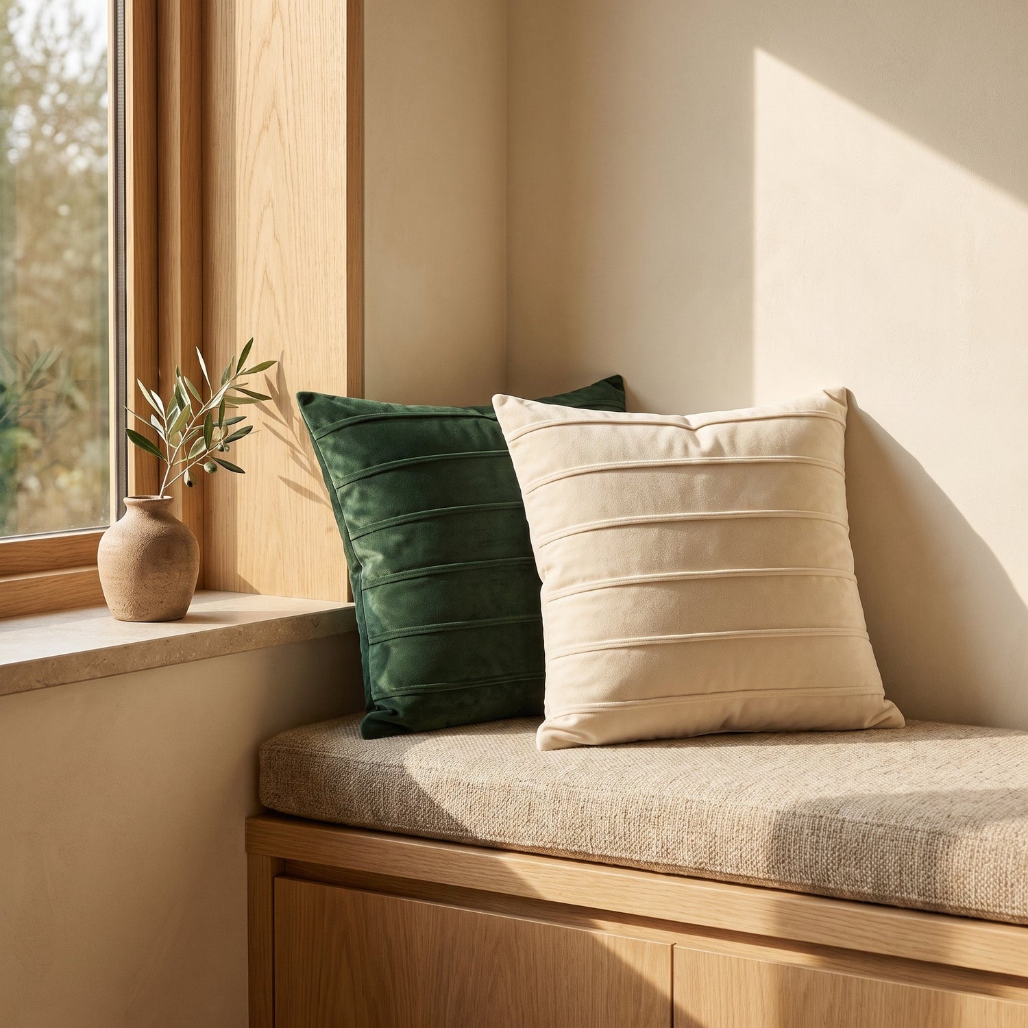 Ivory and forest Pleat cushions on an oak window bench in afternoon light
