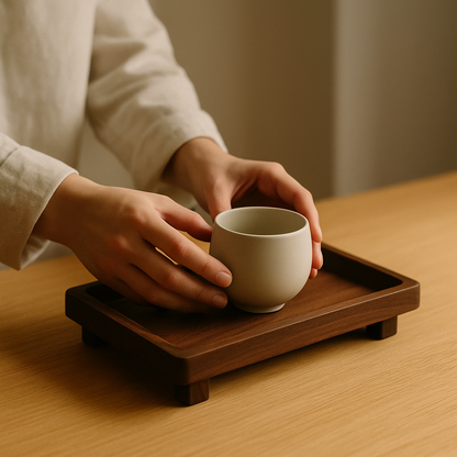 Hands placing a ceramic cup onto the Plinth tray