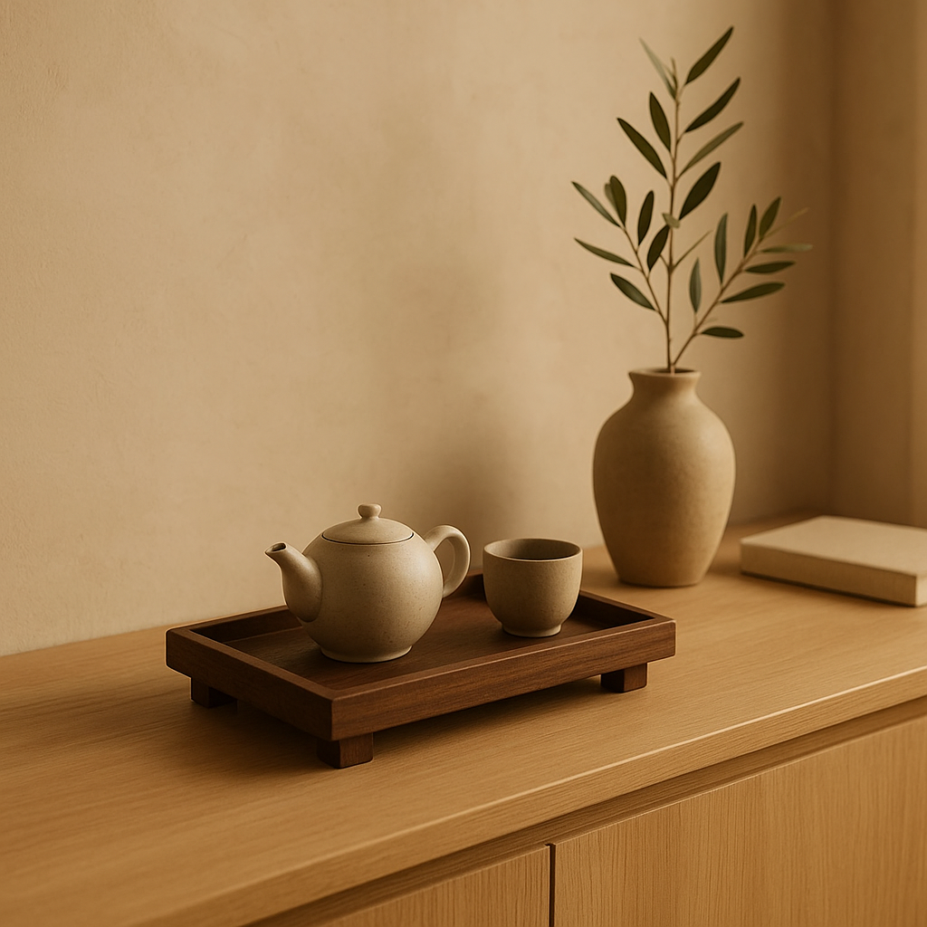 Plinth tray styled with teapot and clay cup on oak sideboard