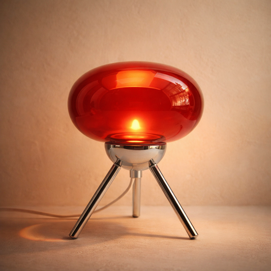 Ruby™ Glass Mushroom Lamp — wide translucent ruby-red glass shade on a polished chrome tripod, glowing on warm cream plaster