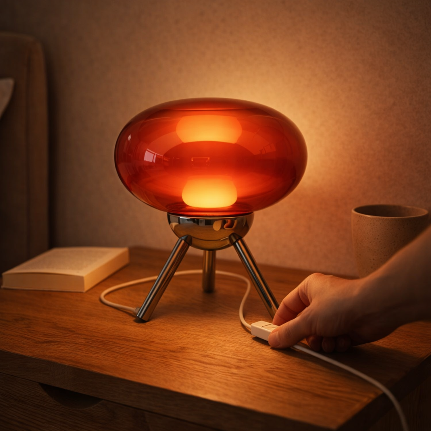 A hand clicking the inline cord switch of the Ruby™ Glass Mushroom Lamp on an oak nightstand at dusk