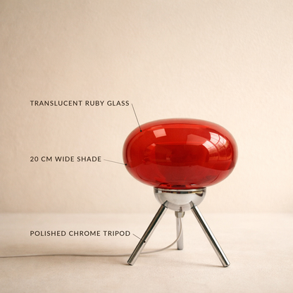Ruby™ Glass Mushroom Lamp details — translucent ruby glass, 20 cm wide shade, polished chrome tripod