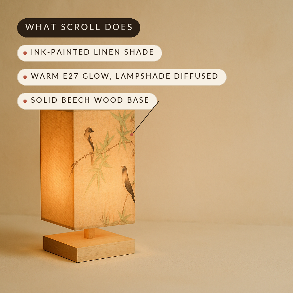 What Scroll does — ink-painted linen shade, warm E27 glow, beech base