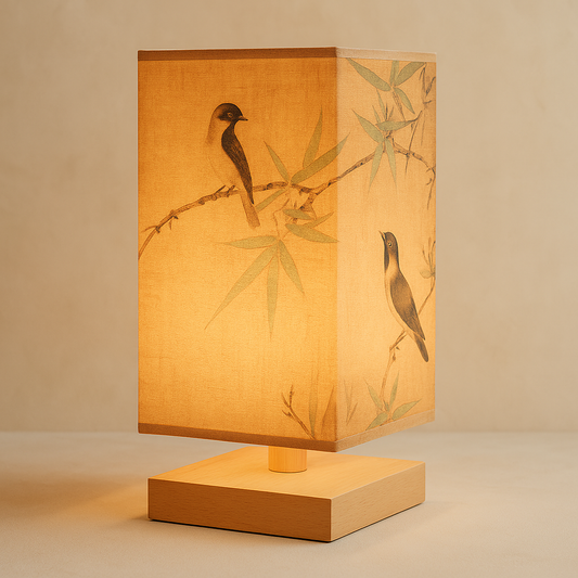 Scroll linen table lamp, Bird & Bamboo shade — hero