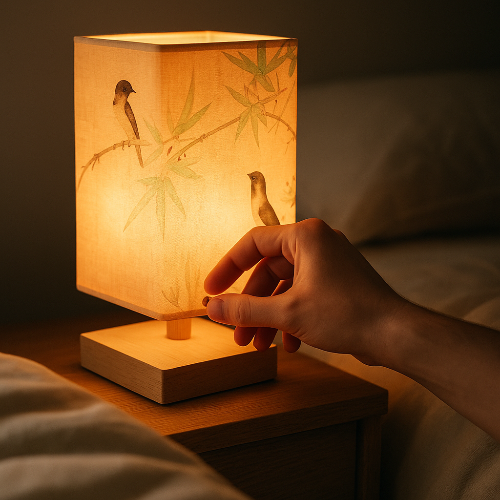 Hand switching on the Scroll lamp at the bedside