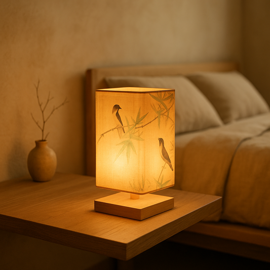 Scroll lamp glowing on an oak nightstand at dusk