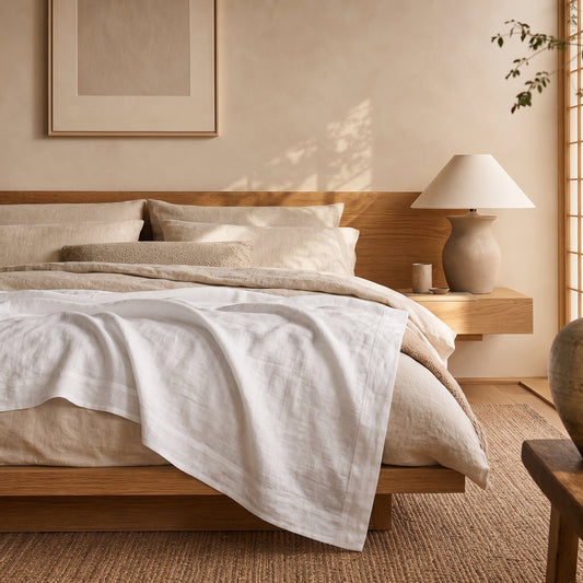 White linen flat sheet made up over an oatmeal duvet on an oak platform bed